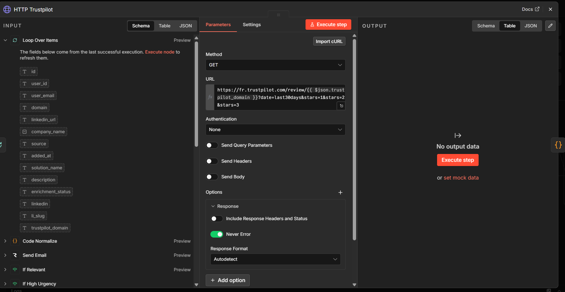 Trustpilot HTTP node configuration in n8n — GET request filtered on 1-3 star reviews from the last 30 days